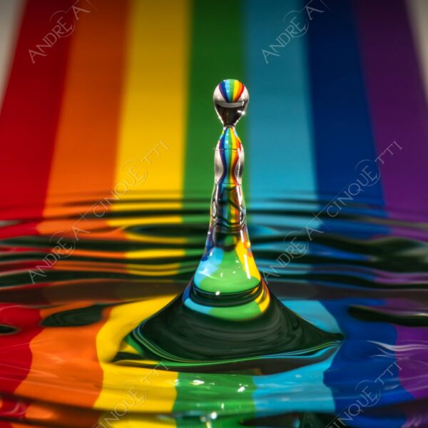 macro photography goccia gocce d'acqua water drop drops high speed sync riflessi reflections splash colori colours bounce bouncing pattern scacchi strisce arcobaleno stripes rainbow lgbtq+