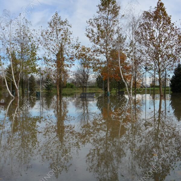 san donato milanese alluvione flood allagamento flooding riflessi reflecions specchio mirror pozzanghera puddle colori autunnali foliage parco giochi playground panchina bench