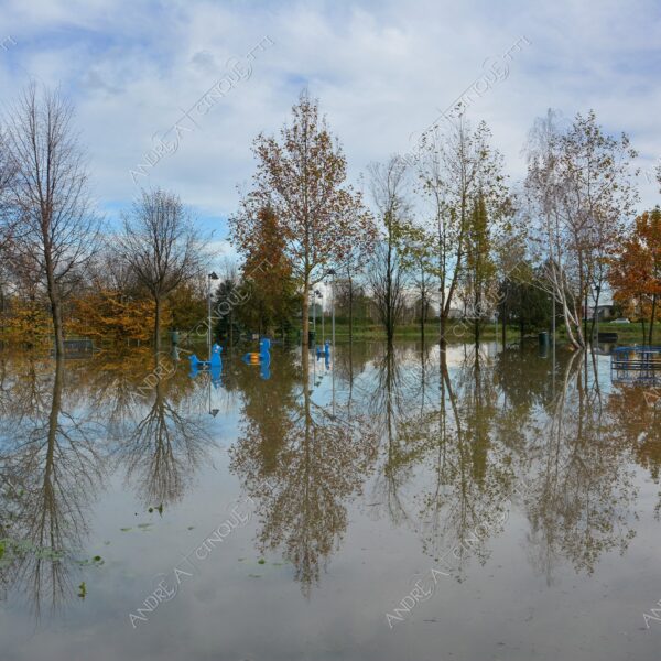 san donato milanese alluvione flood allagamento flooding riflessi reflecions specchio mirror pozzanghera puddle colori autunnali foliage parco giochi playground panchina bench