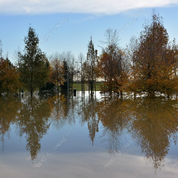 san donato milanese alluvione flood allagamento flooding riflessi reflecions specchio mirror pozzanghera puddle colori autunnali foliage parco giochi playground panchina bench