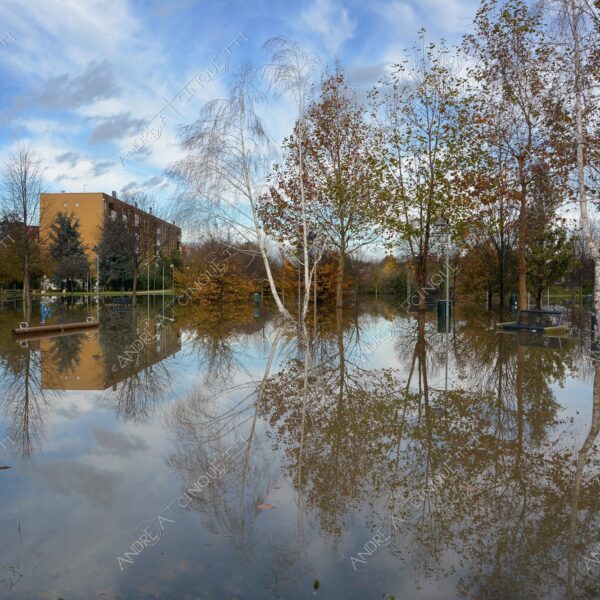 san donato milanese alluvione flood allagamento flooding riflessi reflecions specchio mirror pozzanghera puddle colori autunnali foliage parco giochi playground panchina bench