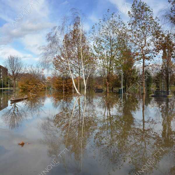san donato milanese alluvione flood allagamento flooding riflessi reflecions specchio mirror pozzanghera puddle colori autunnali foliage parco giochi playground panchina bench