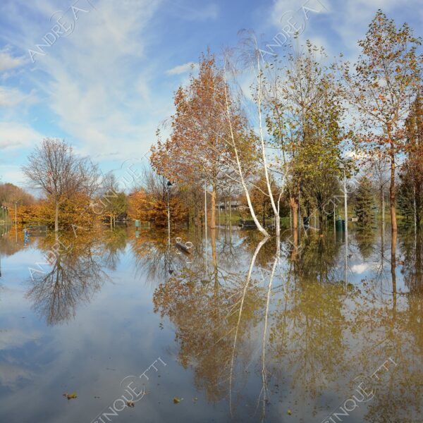 san donato milanese alluvione flood allagamento flooding riflessi reflecions specchio mirror pozzanghera puddle colori autunnali foliage parco giochi playground panchina bench